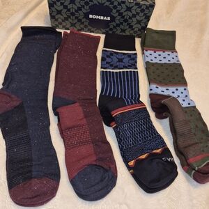 Bombas Men’s Crew Socks - Navy, Burgundy, Black & Olive Patterned Set